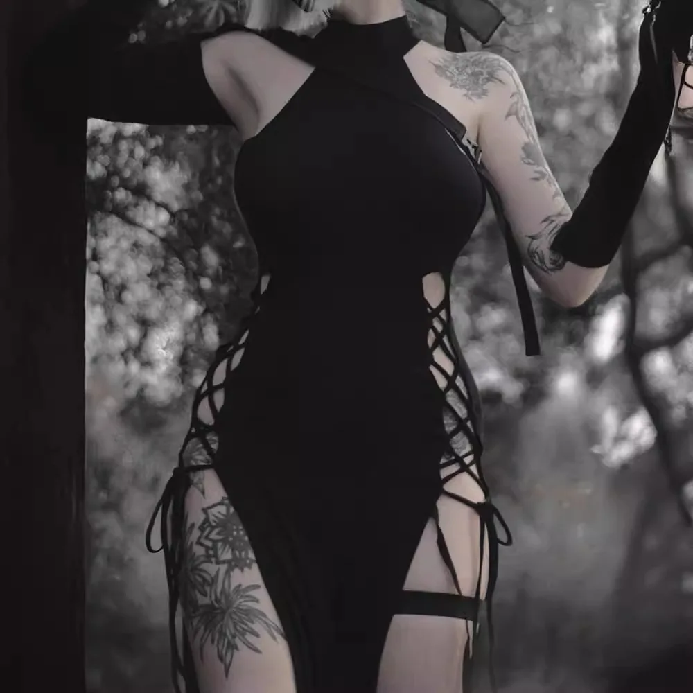 Abito longuette gotico con lacci all'americana Abito da donna aderente con doppia fessura senza maniche con taglio laterale Abito da festa sexy da club