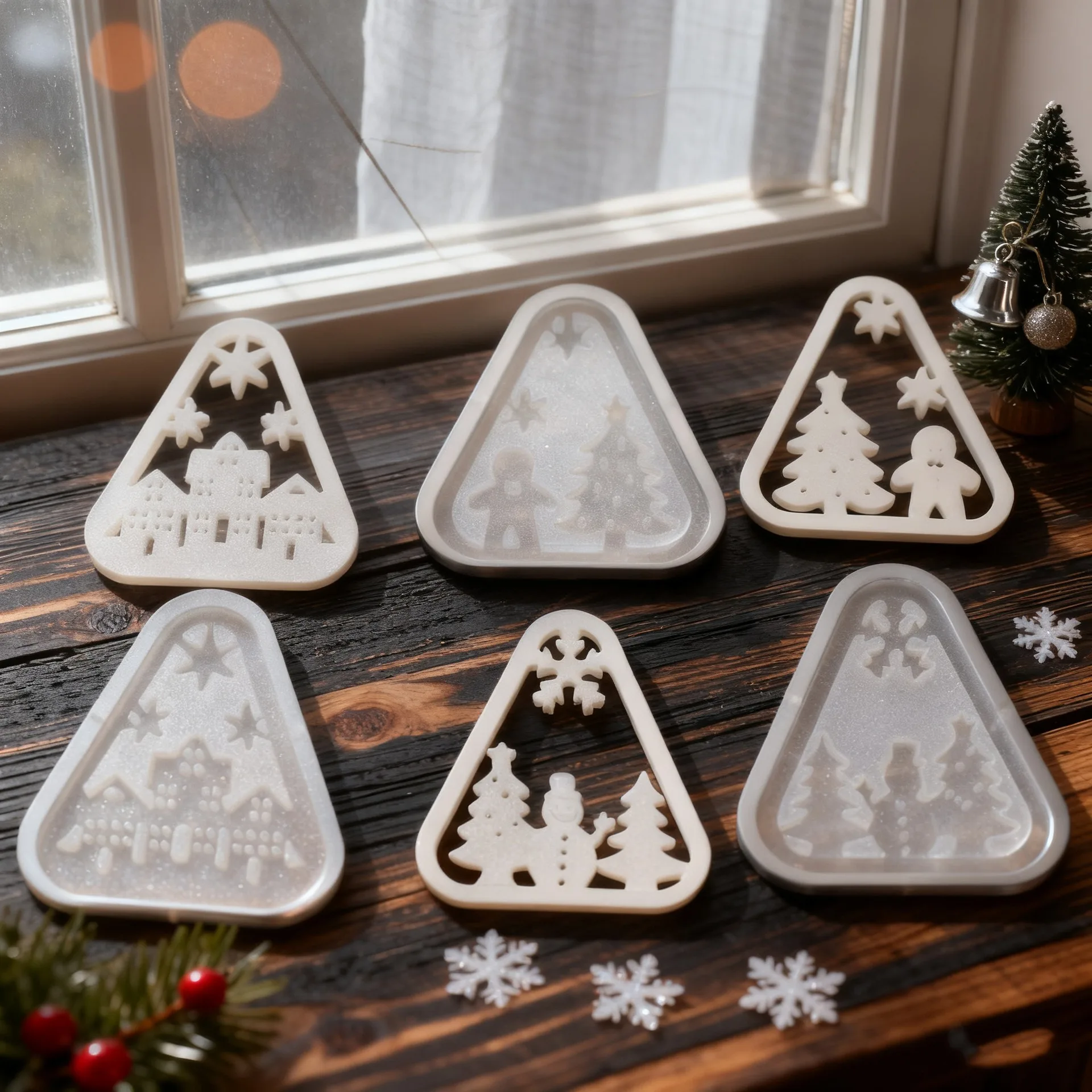 Christmas Triangle Candlestick Silicone Mold Santa Claus Snowman Tree Festival Resin Mould Mini Table Ornaments Home Decoration