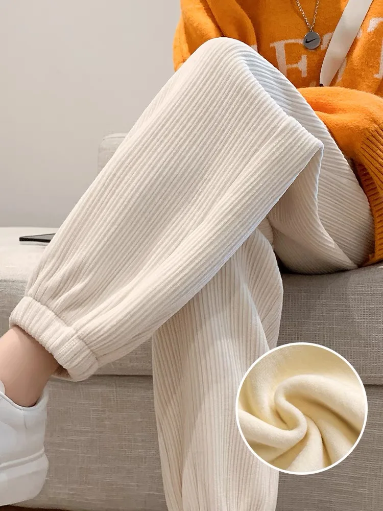 女性の肥厚フリース裏地秋冬ハーレムパンツカジュアルルーズフィットズボン韓国スタイルハイウエストロングランタンパンツ