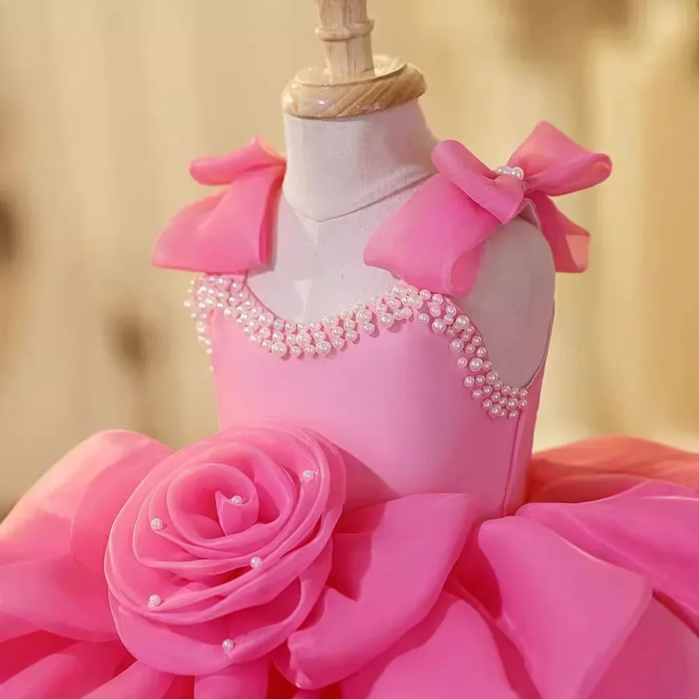 Vestidos de luxo personalizados para meninas, vestidos para casamento, princesa rosa, crianças, laço de pérola, vestidos infantis, vestido de festa de aniversário infantil