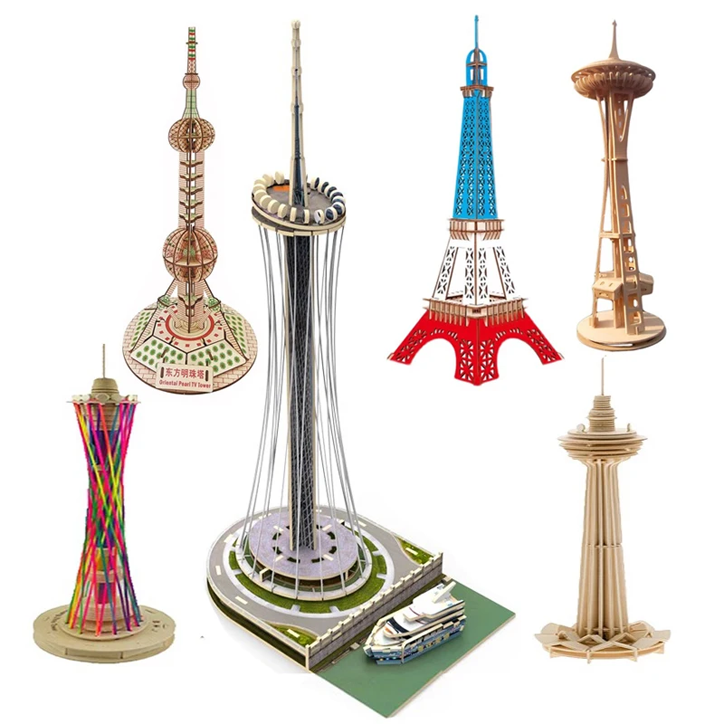 GuangZhou TV Tower Eiffel Space Needle Oriental Pearl Kuala Lumpur 3D Wooden Puzzle Building Model Toy Wood Boy Girl Travel Gift