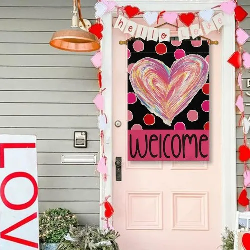 Valentines Day Love Heart House Flag 28x40 Inch Double Sided Outside, Polka Dots OOV IIC