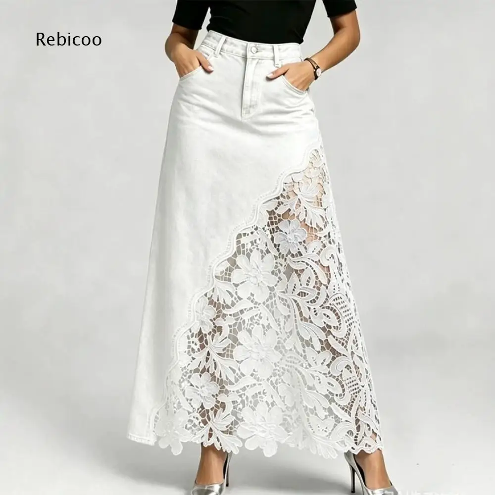 Women High Waist Denim Maxi Skirt Floral Lace Spliced Panel A Line Flared Long Skirt With Pockets For Daily And Party Occasions