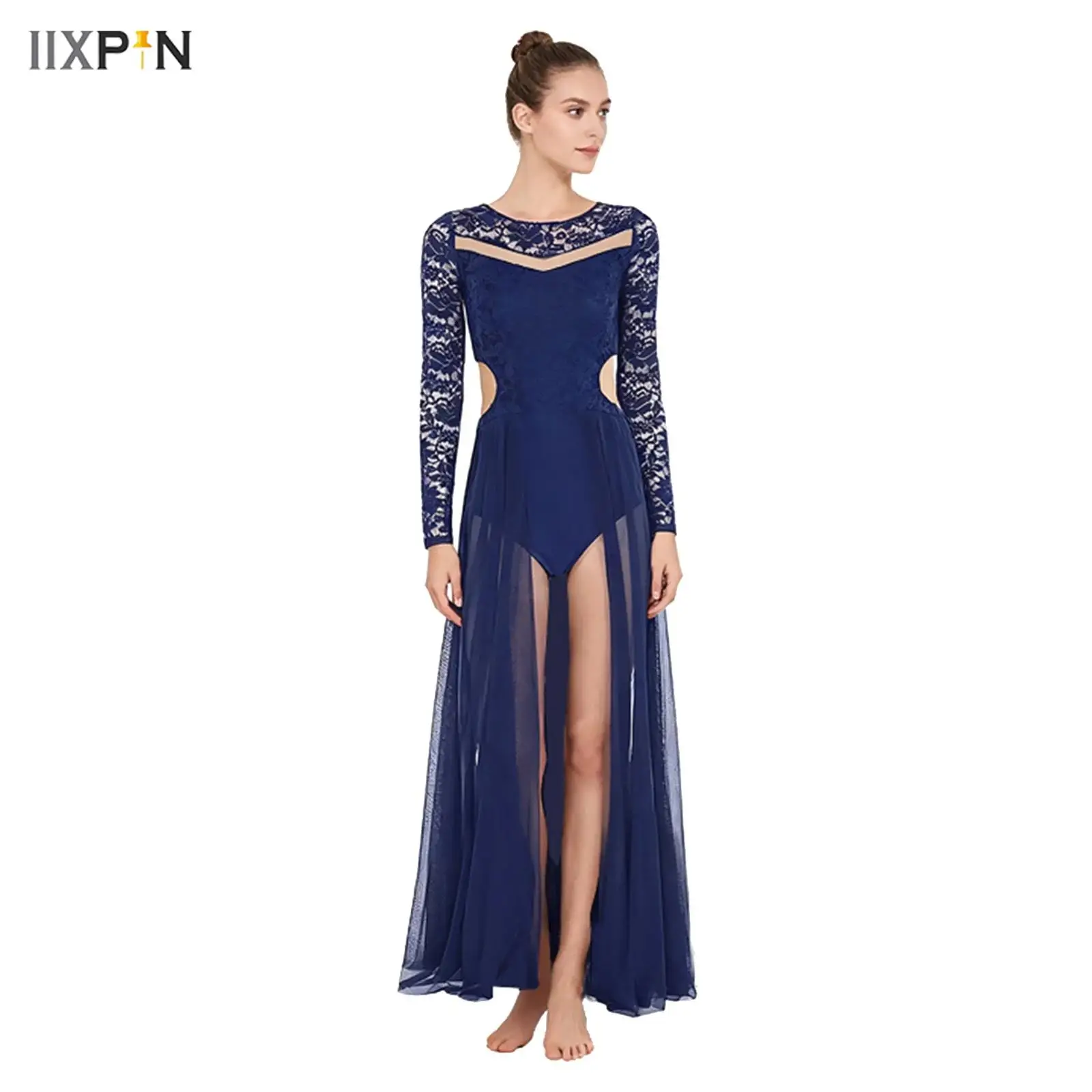 

Adults Womens Lyrical Dance Costume Floral Lace Patchwork Long Sleeve Waist Sides Cut-Out Flowy Mesh Leotard Dress Modern Dress