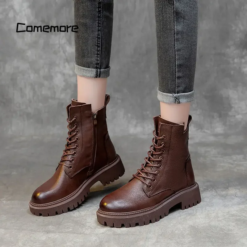 Comemore Boots Fashion Goth Shoe Woman Casual Autumn Leather Female Ankle Boot Platform Women\'s Footwear Women Shoes for Winter