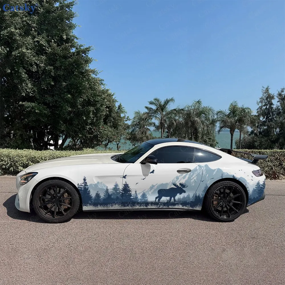 2pcs Outdoor Adventure Vibe Forest Moose Car Side Wrap, Self-Adhesive PVC Waterproof & Scratch-Resistant Stickers, Car Accessory