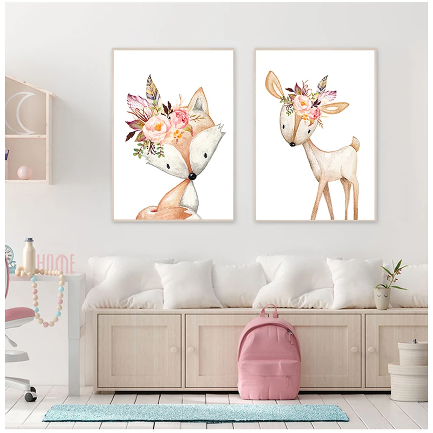 Baby Room Wall Art Canvas Pictures Nursery Prints Flower Rabbit Canvas Painting Woodland Animals Poster Nordic Fox Deer Picture