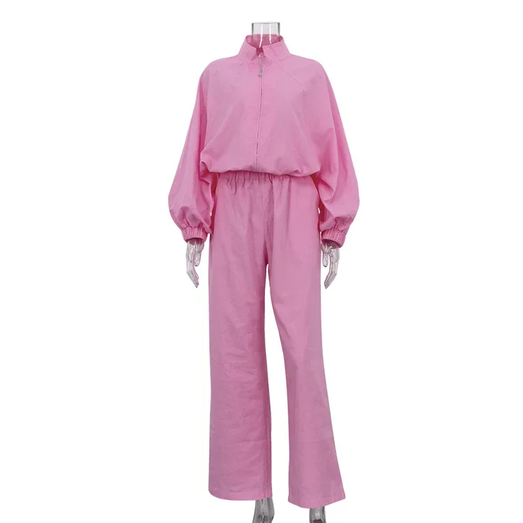 Women's Fashion Cotton and Linen Suit Spring New Stand-up Collar Long-sleeved Top Elastic Waist Trousers Casual Two-piece Set