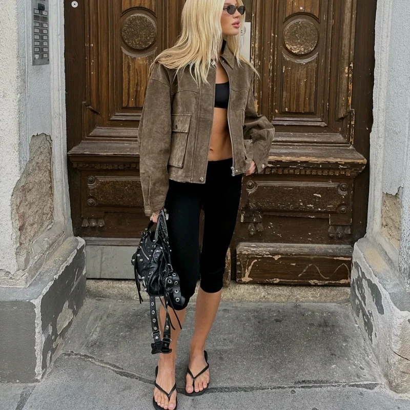 レトロ Sle ロング Sve スエードレザーパイロットジャケット女性のアウターウェア冬新着ルーズフィットポリエステル繊維コート