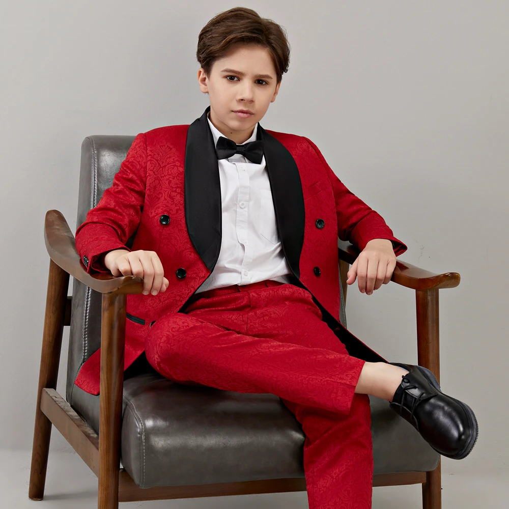 Wine Red Kids Formal Wedding Dress Boys Jacket  Pants 2Pcs Photograph Suit Children Birthday Ceremony Tuxedo Costume