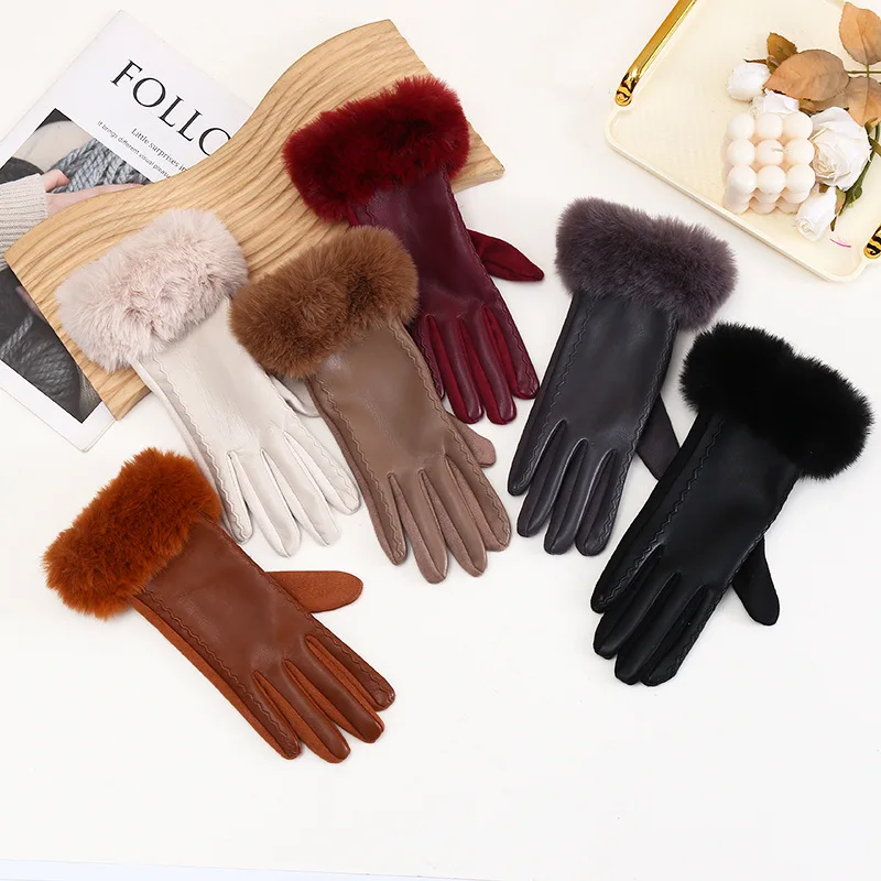 

Женские перчатки из искусственной кожи для холодной погоды, зимние ветрозащитные теплые перчатки с отделкой из искусственного меха, манжеты, термоподкладка, вечерние перчатки