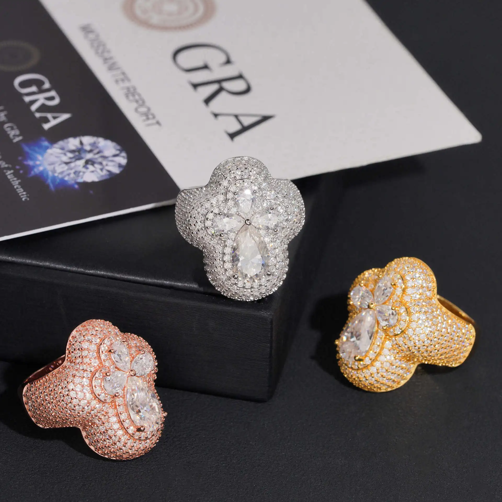 Iced Out Pear Cut Moissanite Clover Ring 925 Sterling Silver Full Pave Luxury Statement Ring for Women Halloween Birthday Holiday Party Gift Jewelry