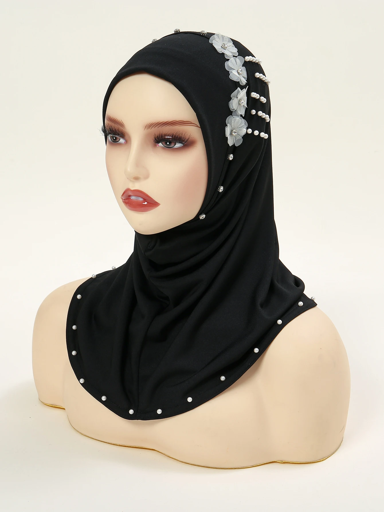 

Newest Pearl Headscarf Muslim Inner Hijab Female Solid Color Hat Neck Cover Headband Sunscreen Shawl 50*40cm