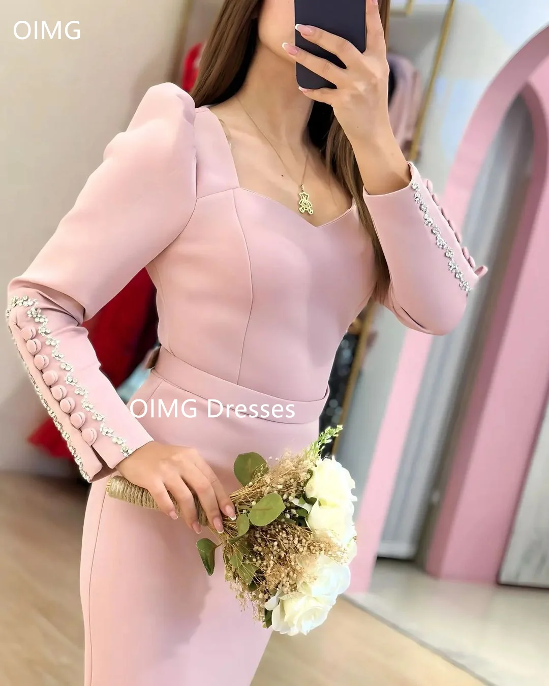 OIMG Fashion Saudi Crystals Buttons Vintage Prom Dresses Mermaid  Long Sleeves Pink Sweetheart Evening Gowns Formal Party Dress