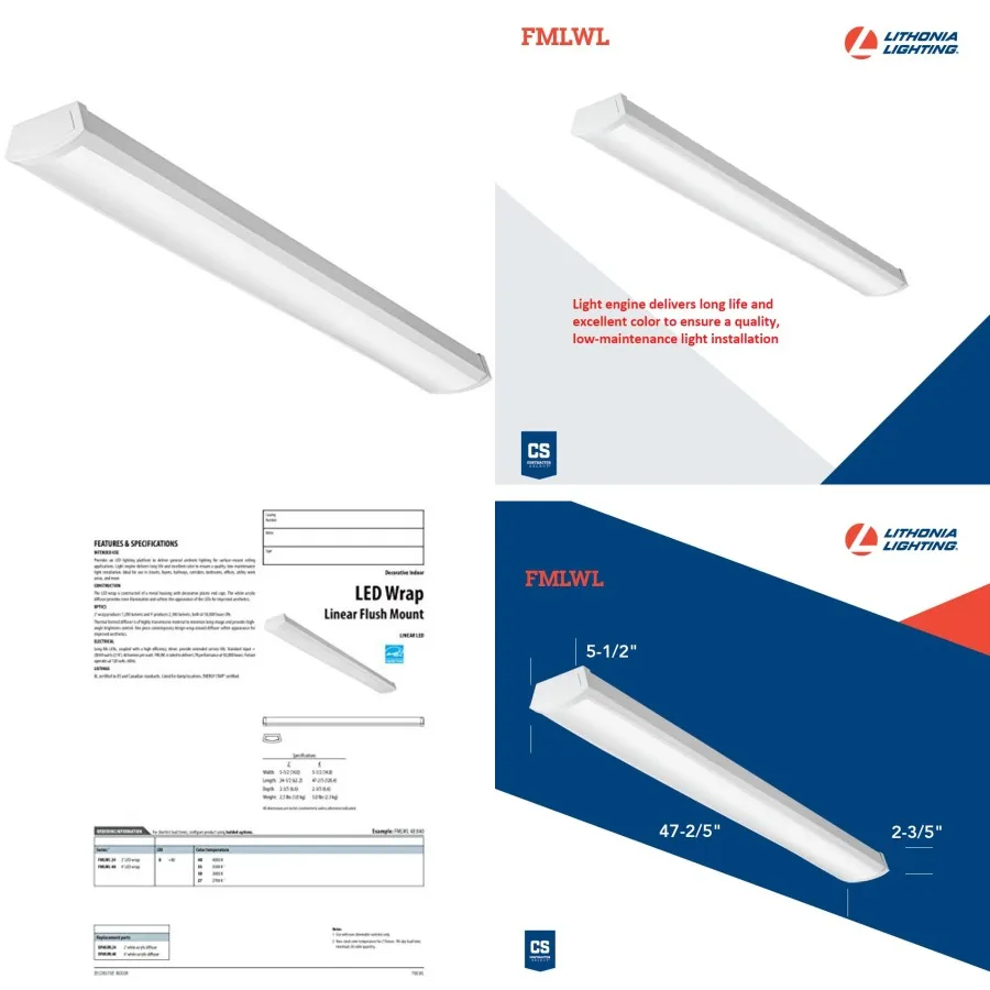 

4 Feet LED Light Fixture, Low-Profile LED Wraparound Flush Mount Ceiling Light,,, FMLWL 48 835