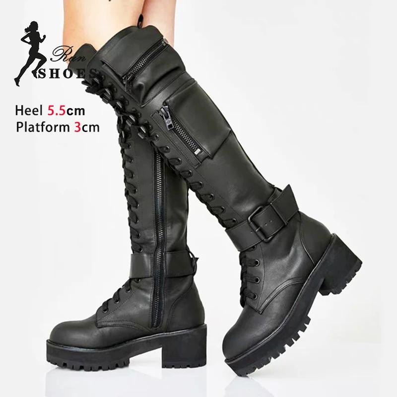 

Модная крутая женская обувь на массивном каблуке 5,5 см, осенне-зимние сапоги до колена на платформе из искусственной кожи, рыцарские сапоги для косплея с сумкой