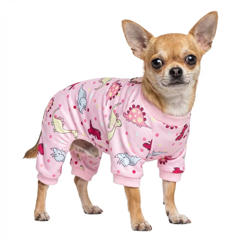 Soft Cotton Dog Pajamas Dinosaur Pattern Pet Jumpsuit with D-Ring Leash Hook Four-Legged Dog Clothes for Small Dogs view 5