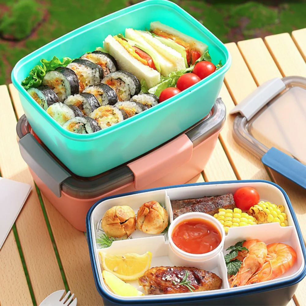 Practical 2 Layer Lunch Box 2000ML with Dressing Container Food Storage Container Compartment Leak Proof Salad Box Stuents