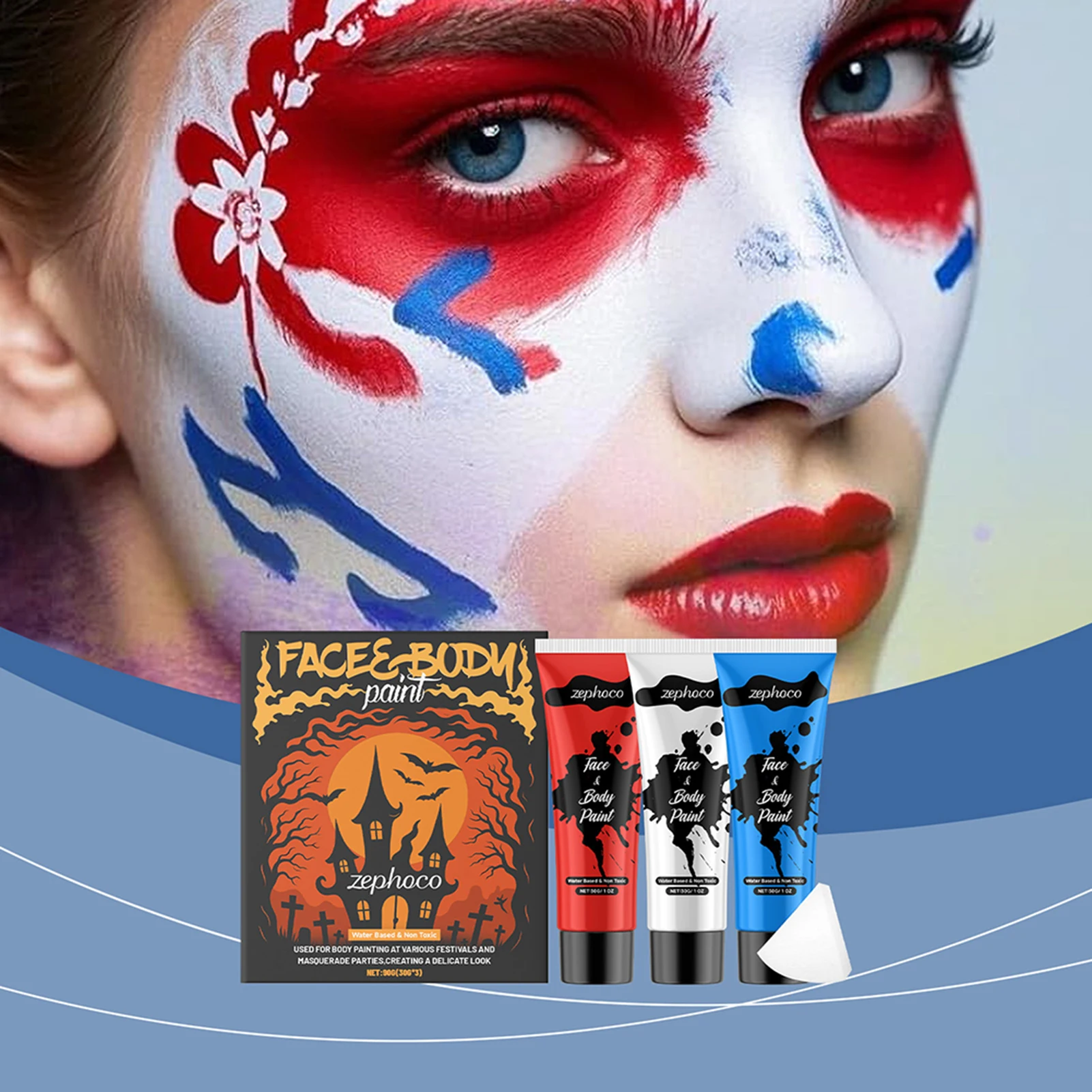 

Blue White Red Face Body Paint Monochromatic Water Solubility Body Makeup Face Paint for Halloween Christmas Masquerade Party