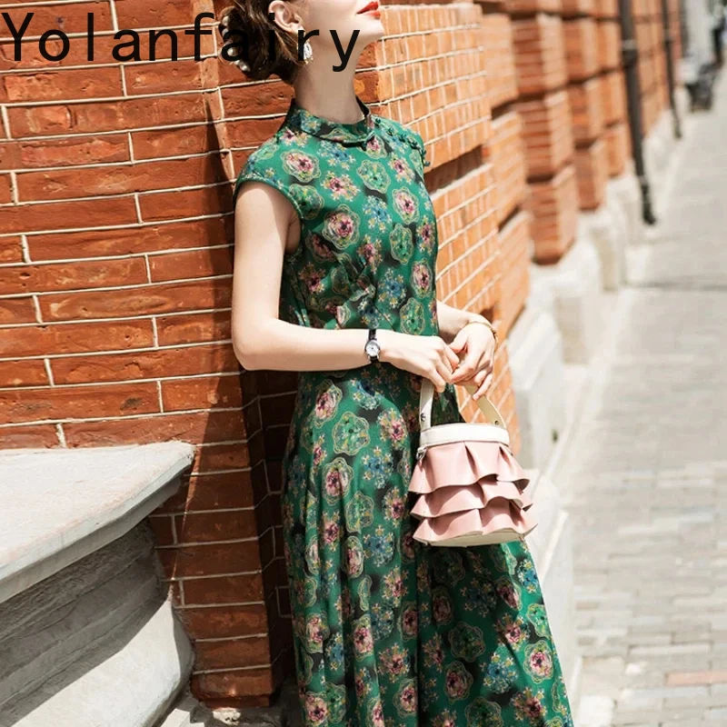 Tajiyane Cheongsam  100% Summer Mulberry Silk Elegant Dress for Women Clothes Midi Dress Fashion Retro Floral Dresses Vestido Zm