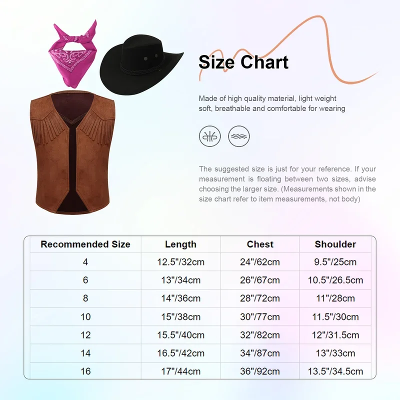 Kids Western Cowboy Cowgirl Costume Suede Leather Fringe Vest with Bandanna Felt Hat Halloween Wild West Cosplay Party Dress Up