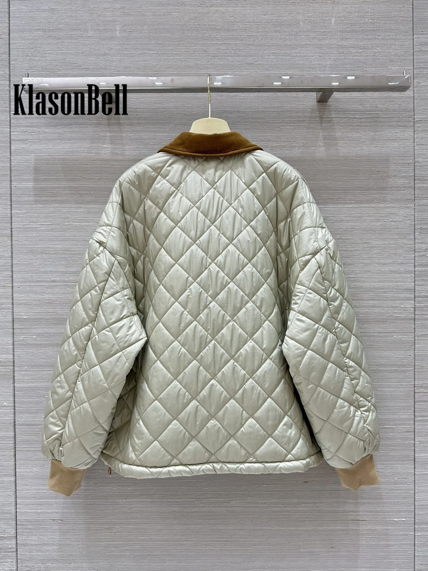 9.8 KlasonBell Women 2024 Autumn Winter New Quilted Argyle Plaid Corduroy Lapel Spliced Parkas Hem Adjustablewstring Design Coat