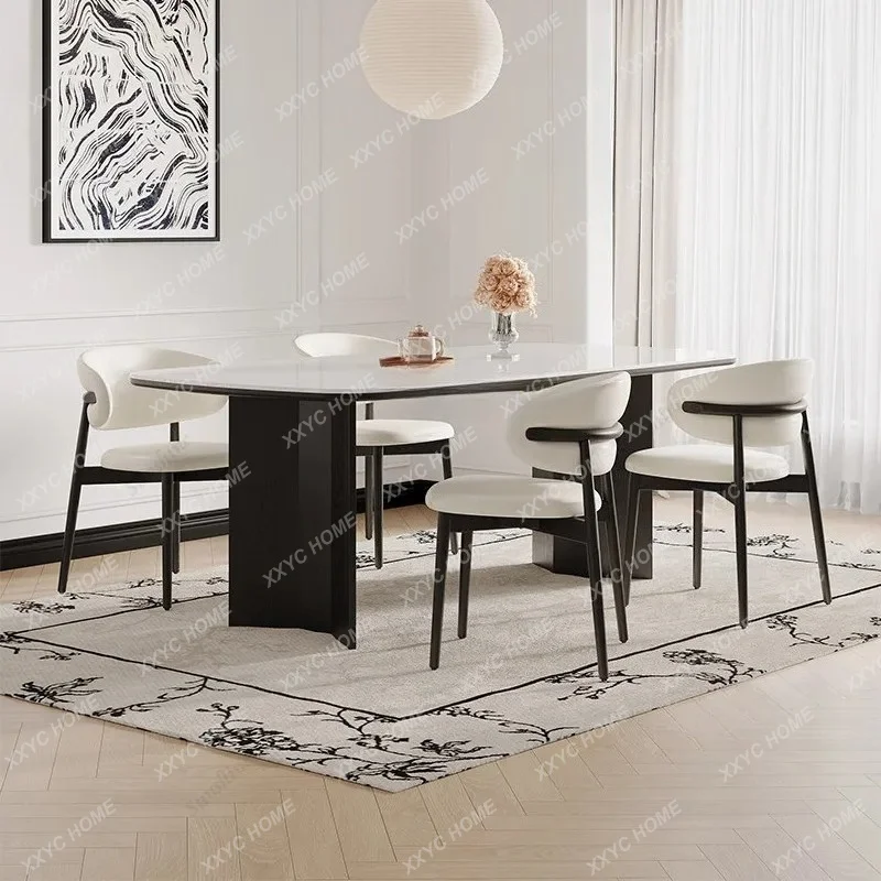 Solid wood dining table  medieval dining table light luxury small apartment white rock slab dining table