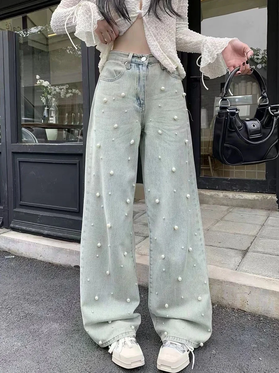 

High Waist Straight Leg Denim Jeans Women's Summer New Design Heavy Embellished Pearl Long Pants High Waist Pearl Detailing