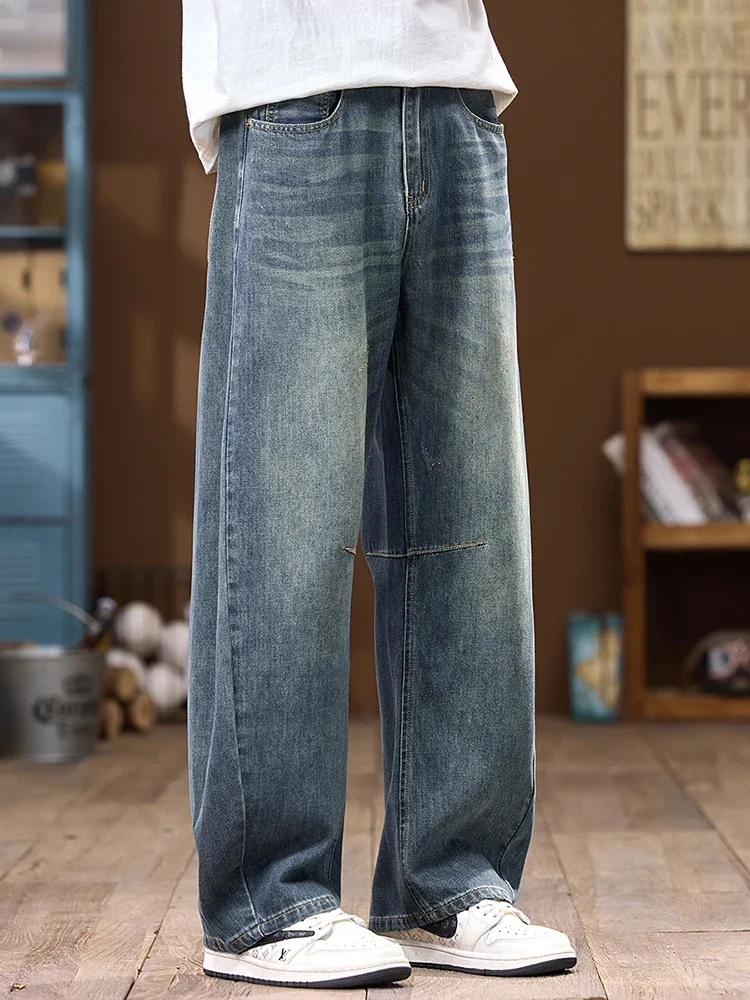 팝 여름 얇은 남성 빈티지 청바지 맞춤형 한국 패션 streetwear 캐주얼 스트레이트 루즈 와이드 데님 바지 남성