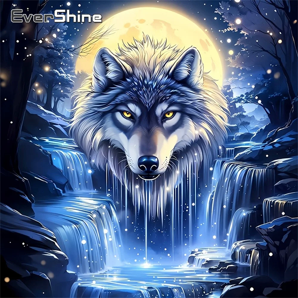 Evershine Tier-Diamantmalerei Wolf Vollquadratische Stickerei Mond Strass-Bild Diamant-Berg Wanddekoration