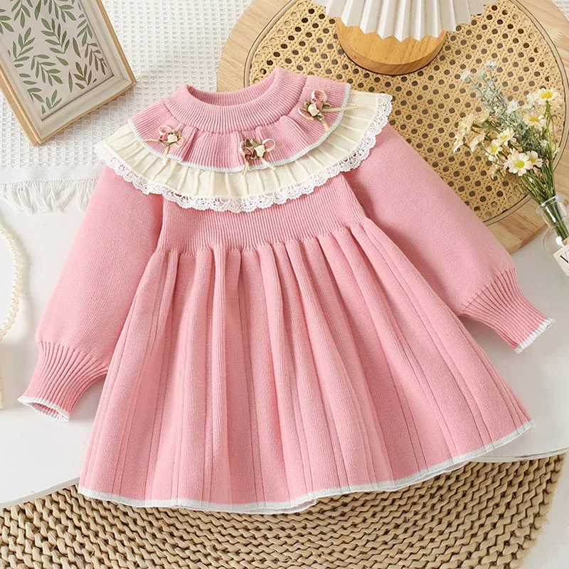 2025 New Autumn Baby Girl Birthday Party Dress European American Style 2-6Yrs Kids Princess Dresses Children Knitted Clothes