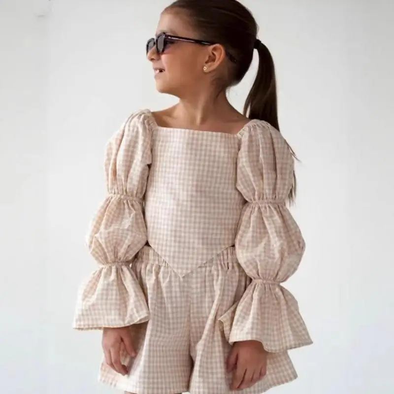 

2026 Summer New Children Long Sleeve Clothes Set Girls Fashion Irregular Lace Up Tops + Plaid Culottes 2pcs Suit Kids Outfits