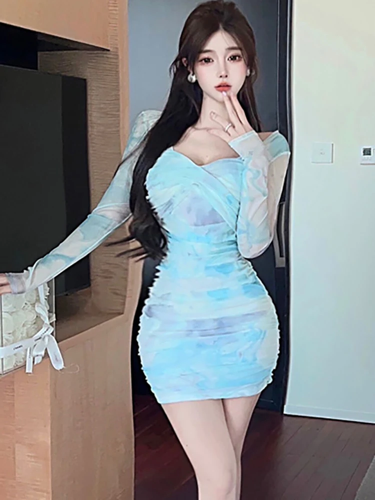 2024 Stampa Pieghettato Aderente Colletto Quadrato Vestito Delle Donne Manica Lunga Elegante Casual Abito Corto Primavera Autunno Coreano Chic Vestito Da Promenade