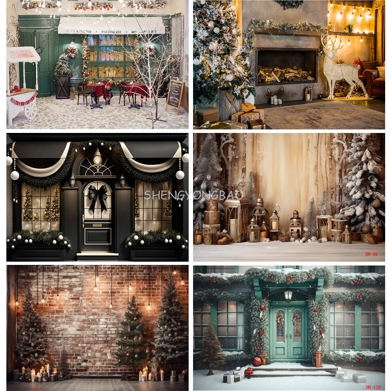 Vinyl Custom Christmas Day Fireplace Photography Backdrops Prop Window Living Room Interior Village House Theme Background DR-04