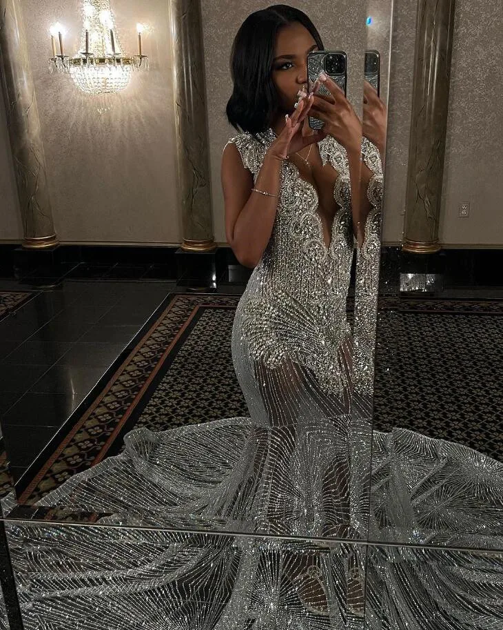 Robe de Soirée Transparente en Argent et Diamant pour Femme, Tenue de Bal, de Réception, de Luxe, Clip, pour Anniversaire, 2024