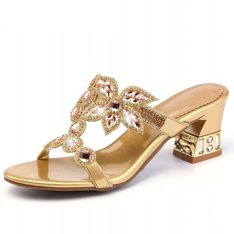 

New Slides 2025 Summer Women Rhinestones Wedding Beads Slippers Fashion Hollow Out High Heels Sandals Bohemia Shoes Woman D0003