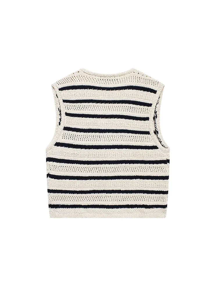 TRAF 2024 Autumn Striped Knitted Women Waistcoat V Neck Sleeveless Cardigan Jacket Vest Crop Top Y2K