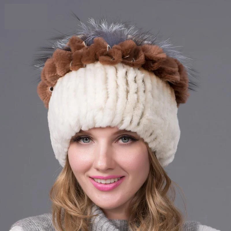 

Russia Lady Winter Female Real Natural Rabbit Fur Knitted Hat Women Fashion Winter Warm Fur Cap Band Fox Fur Bomber Caps
