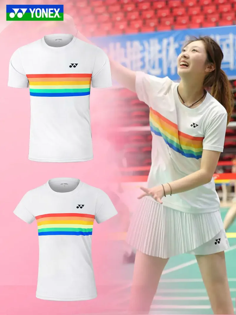 Yonex 2024 Nieuw Regenboog Badmintonpak Voor Mannen En Vrouwen Sneldrogende Ademende T-Shirts Met Korte Mouwen