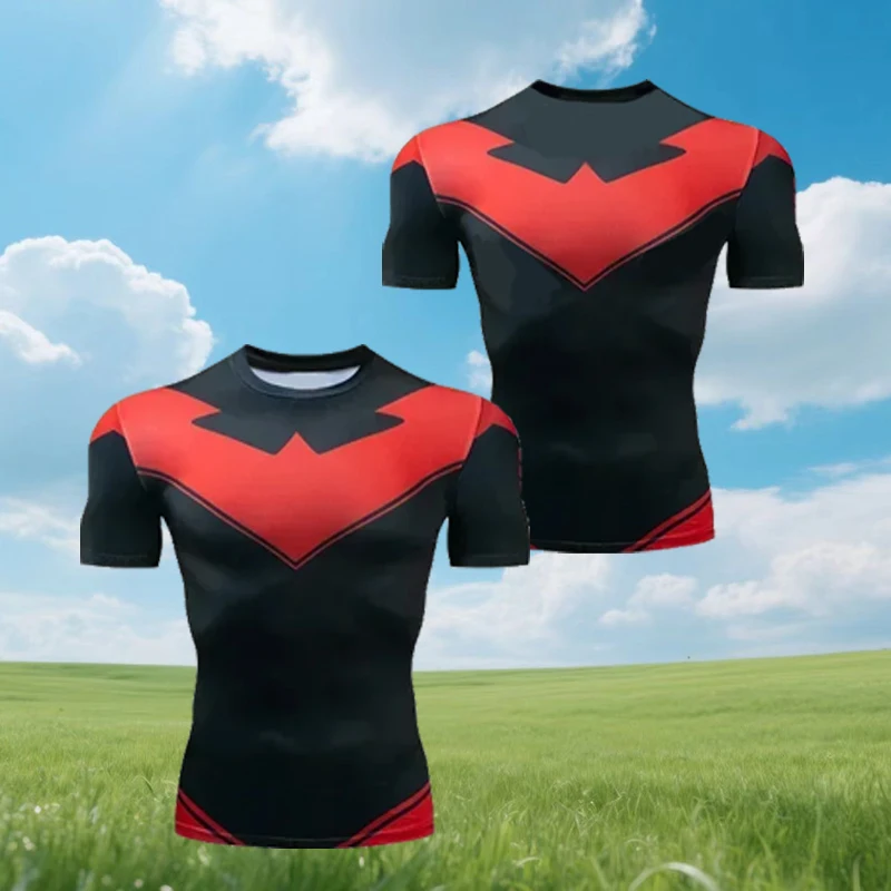 الأحمر Nightwing طاقم الرقبة قصيرة الأكمام تي شيرت غير رسمي 2025 جديد الكبار تي شيرت مطبوع اللياقة البدنية تنفس التجفيف فضفاض سترة رياضية علوية