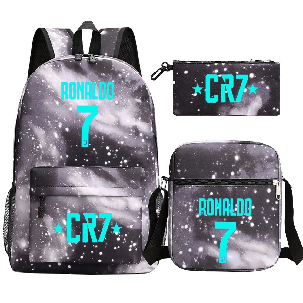 Mochila escolar grande impermeável para mulheres, bolsas de ombro para estudantes adolescentes, CR7, tendência da moda, 3 peças