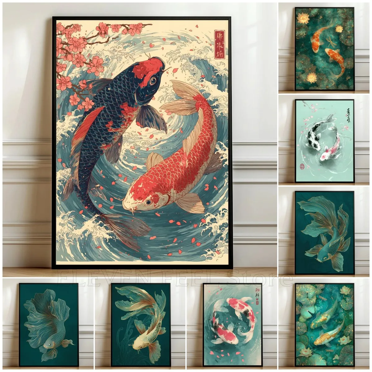Art mural de poisson Koi – Peinture d'étang japonais, décor de Lotus doré et de libellule, impression de jardin d'eau émeraude, décor d'affiche Tranquil Koi