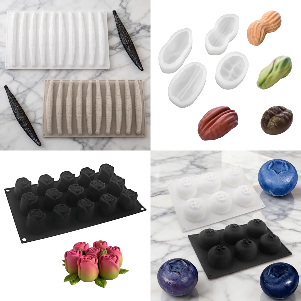 Moule en silicone design Vanille, Myrtille, Rose, Cacahuètes, Noix de pécan ou Pistaches pour gâteaux, chocolats, mousses et desserts – Outils de pâtisserie