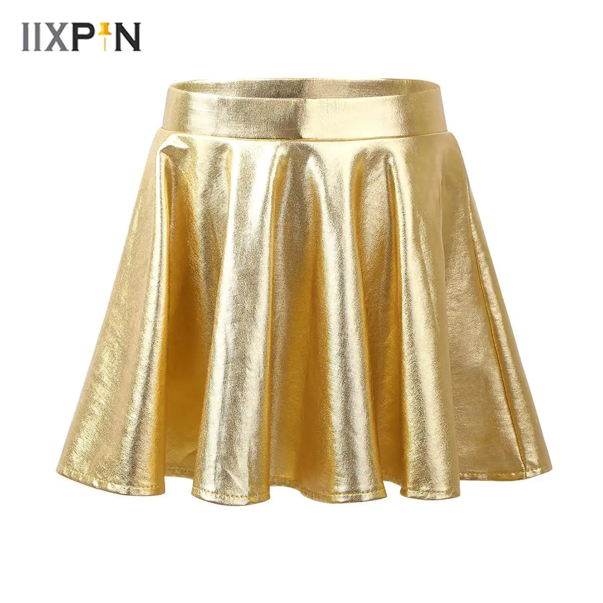 

Kids Girls Jazz Dance Skirts Glossy Metallic Flared Pleated A-Line Mini Skirt Gymnastics Skort Dancing Performance Streetwear