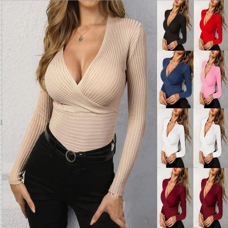 

Slim Fit Sexy V-Ne Long Sve Top Street Sle Color Autumn Winter Women's Knitwear Faionable Trendy Bodycon Top
