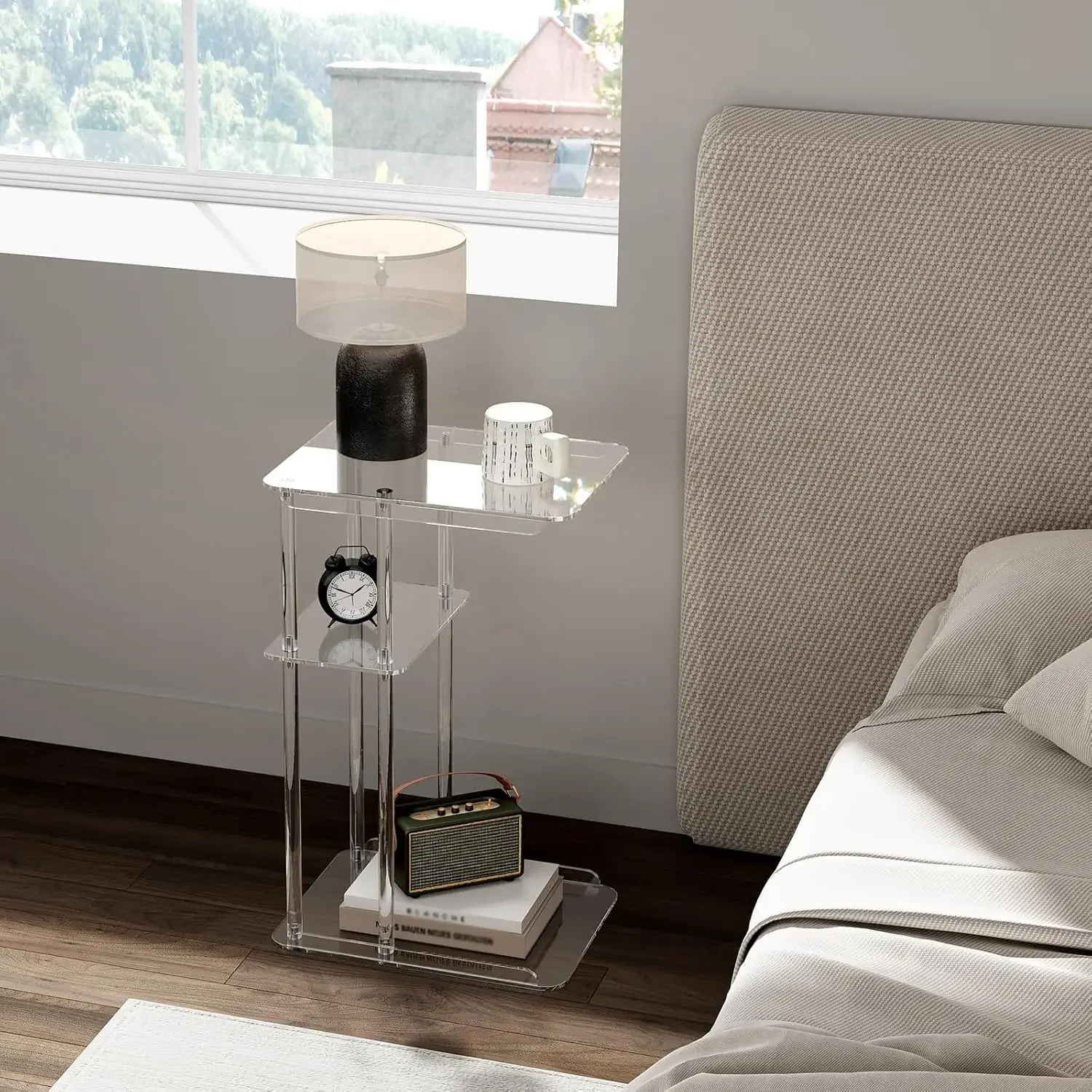 

Clear Acrylic Side Table, C Shaped End Table for Sofa, Small Snack Tables for Living Room, Bedroom, Bathroom, 3 Tiers