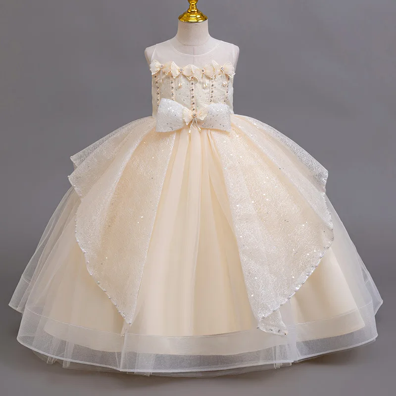 HETISO Elegant Girl Dress For Wedding Sequined Tulle Pearls Children Kids Evening Holiday Birthday Party Ball Prom Gowns