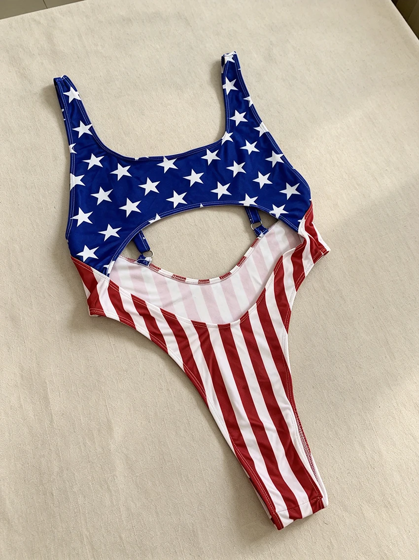 Hot Independence Day Women American Flag Hollow Bodysuit Fashion Adjustable Straps Square Neck High Cut Festival Street Bodysuit