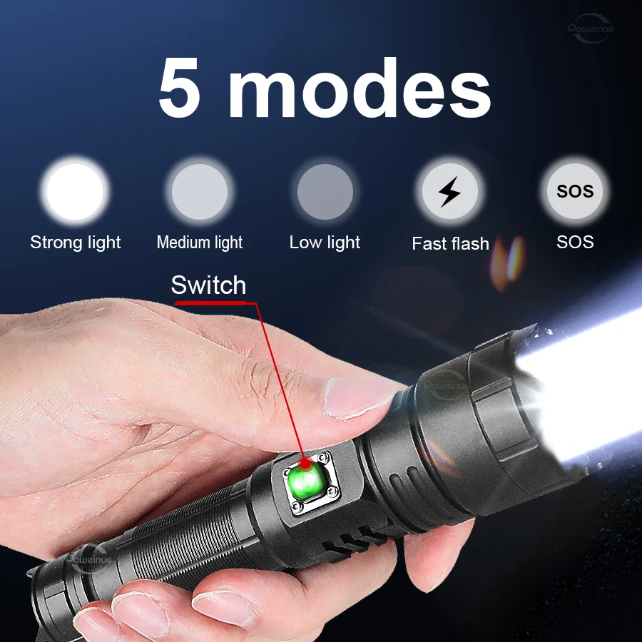 High Power Flashlight XHP360 LED Torch Rechargeable Lamp Zoomable Torch Light Camping Lamp Waterproof Light Tactical Lantern