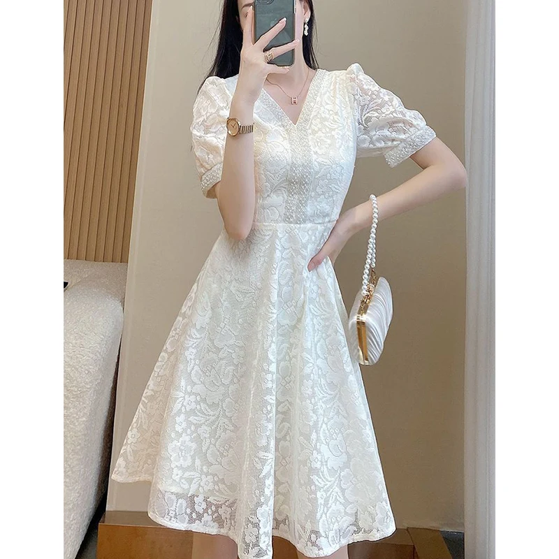 Summer V-neck Elegant Fashion Beading Waist A-line Lace Dress Women Temperament Short Sleeve Vintage Casual Robe White Vestidos